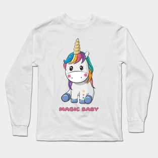 Cute little unicorn girl with coloured hair and words magic baby Long Sleeve T-Shirt